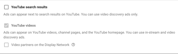 Как настроить рекламную кампанию YouTube, шаг 11, настроить параметры отображения сети
