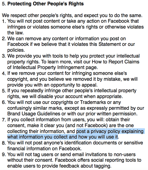 Условия Facebook, в которых изложены требования политики конфиденциальности.