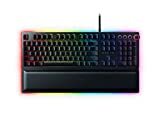 Игровая клавиатура Razer Huntsman Elite: быстрые переключатели клавиатуры, линейные оптические переключатели, цветная RGB-подсветка, плюшевая магнитная подставка для запястья, специальные мультимедийные клавиши и циферблат, классический черный цвет.