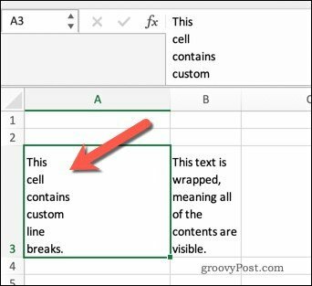 Перенос текста в Excel с помощью разрывов строк.
