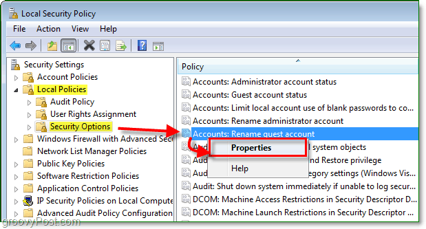как изменить имя учетной записи гостевой учетной записи в Windows 7 через локальную политику безопасности
