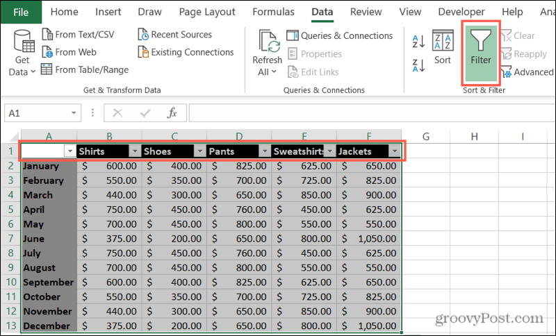 Включить фильтры в Excel