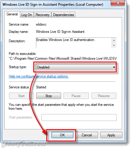 отключен тип запуска Windows Live ID входа в помощник