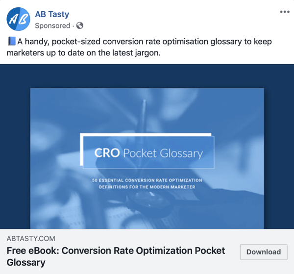 Рекламные методы в Facebook, которые приносят результаты, например, AB Tasty, предлагающая бесплатный контент
