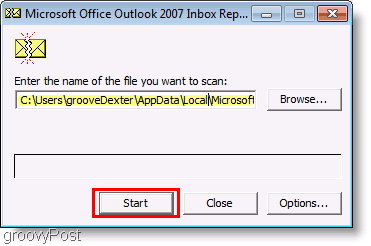 Снимок экрана: файл восстановления Outlook 2007 ScanPST