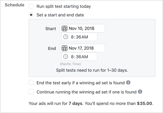 Выберите параметр «Установить дату начала и окончания» для сплит-теста Facebook.