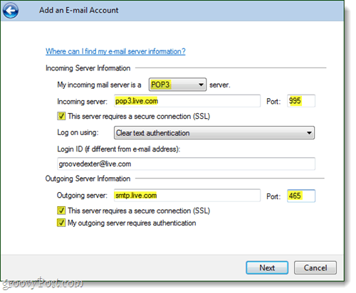 Windows Live Mail https настройки учетной записи электронной почты