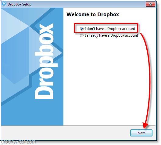 Скриншот Dropbox - выберите, чтобы создать новую учетную запись