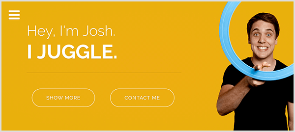 На веб-сайте Джоша Хортона, посвященного жонглированию, есть желтый фон, фотография Джоша, улыбающегося и вращающего голубое кольцо для жонглирования вокруг своего указательного пальца, и белый текст с надписью Hey I'm Josh. Я жонглирую.