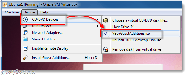 Ubuntu DVD устройство CD выберите vboxguestadditions.iso