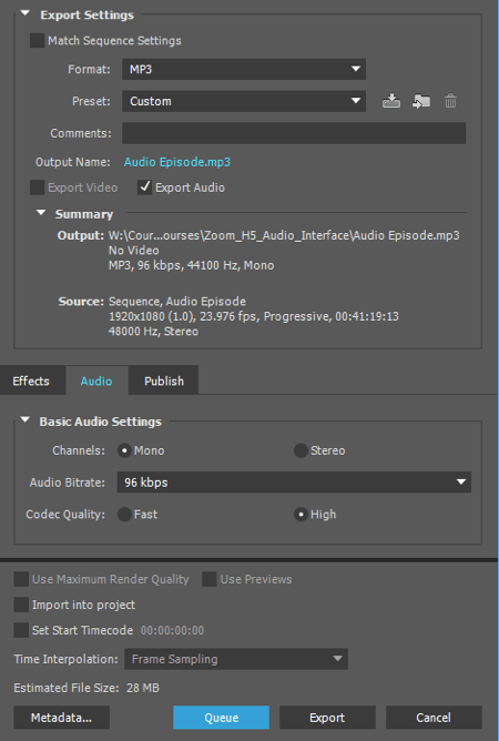 Экспортируйте аудио как файл MP3 в Adobe Premiere.