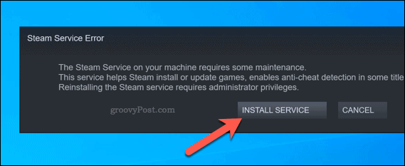 Параметр переустановки службы Steam из-за ошибки