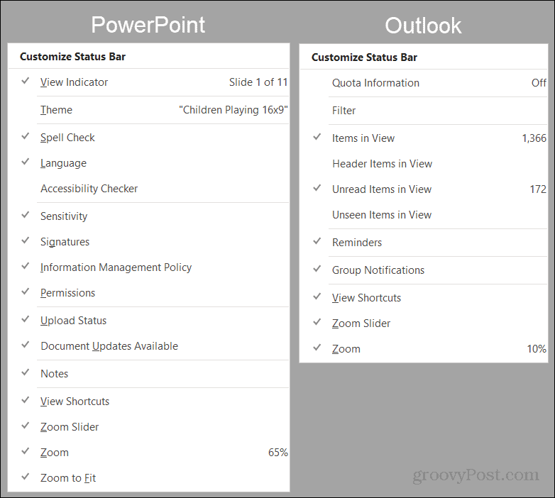Параметры строки состояния PowerPoint и Outlook