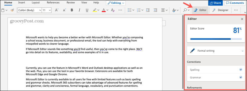 Редактор Microsoft в Word в Интернете