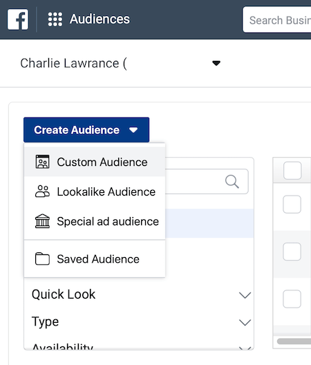 Раскрывающееся меню «Создать аудиторию» в разделе «Аудитории» Менеджера рекламы Facebook