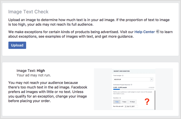 инструмент проверки текста изображения facebook