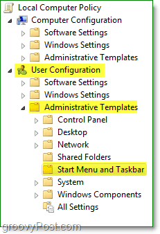 в окне локальной групповой политики Windows 7 выберите конфигурацию пользователя, административные шаблоны, а затем меню «Пуск» и панель задач