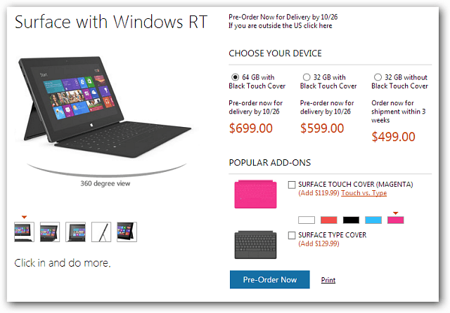 Microsoft объявляет цены на планшеты Surface RT, доступные для предварительного заказа