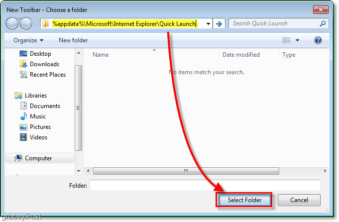 в окне быстрого запуска новой панели инструментов введите адрес% appdata% MicrosoftInternet ExplorerQuick Launch, чтобы перейти к нужной папке
