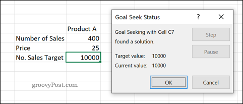 Предварительный просмотр инструмента «Поиск цели» в Excel