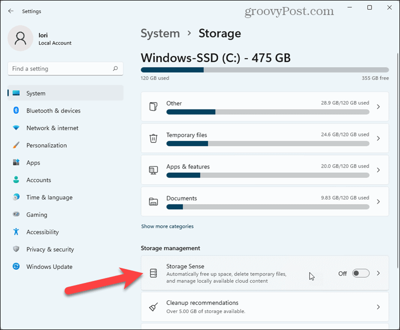 Нажмите Storage Sense в настройках Windows 11.