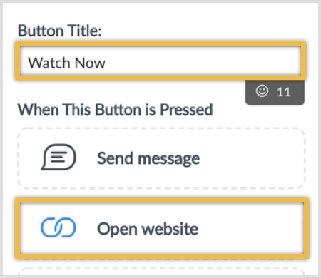 Введите заголовок кнопки и выберите опцию Открыть веб-сайт.
