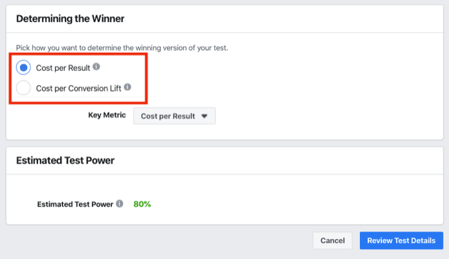 Определение победителя в разделе A / B-теста для экспериментов Facebook