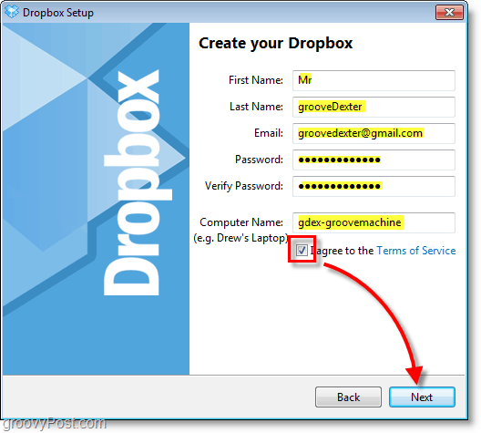 Скриншот Dropbox - введите данные своей учетной записи