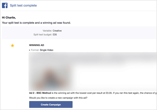 Вы получите электронное письмо после завершения сплит-теста Facebook.