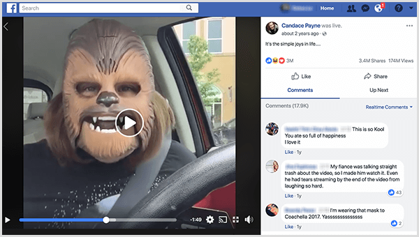 Кэндис Пейн вышла в прямом эфире на Facebook в маске Чубакки с парковки Коля. На момент создания этого скриншота ее видео поделили 3,4 миллиона человек и посмотрели 174 миллиона человек.