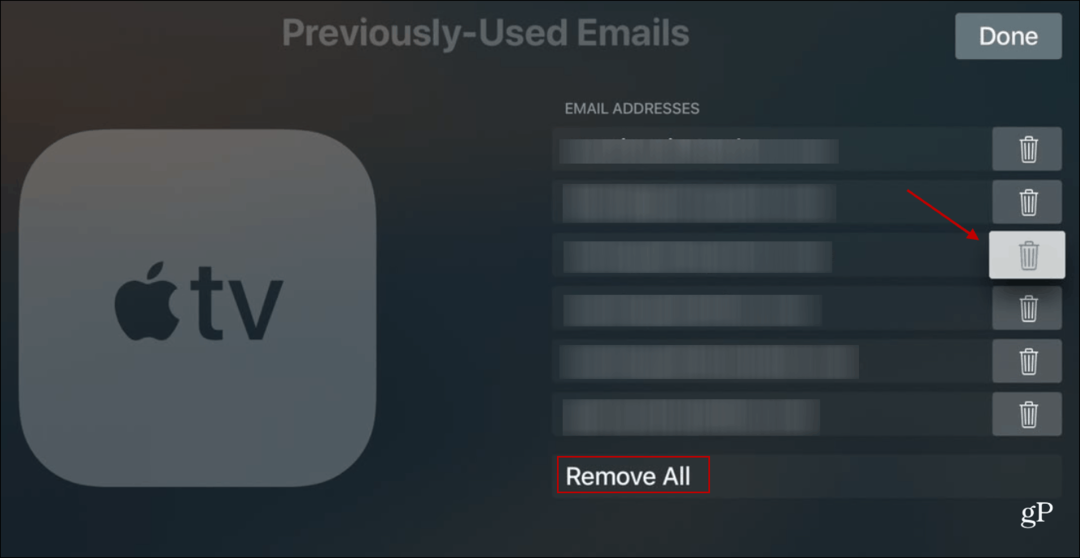 Удалить ранее использованные электронные письма Apple TV
