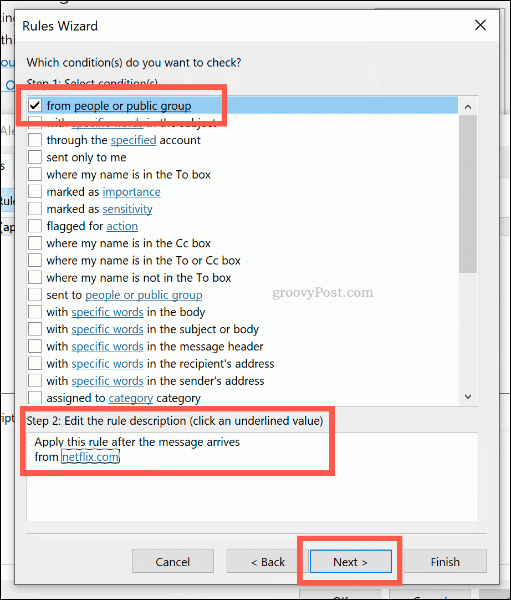 Выбор критериев поиска для нового правила Outlook