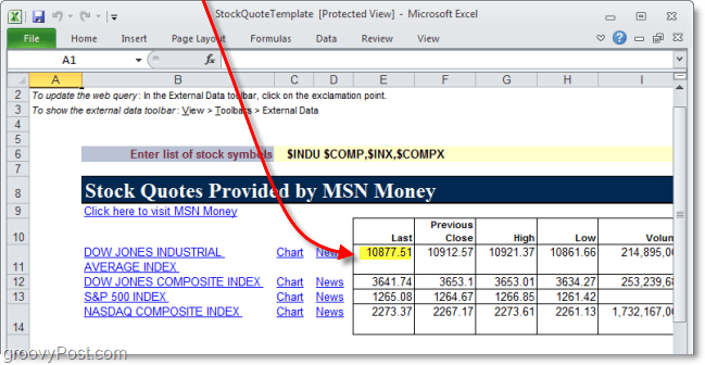 использовать веб-данные в Excel 2010 для отслеживания цен на акции