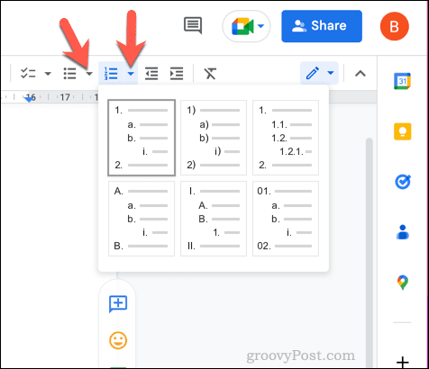 Настройка списка в Google Docs