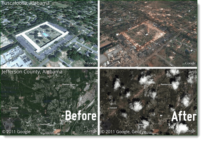 См. Последствия недавних торнадо в Алабаме с помощью Google Планета Земля Picasa