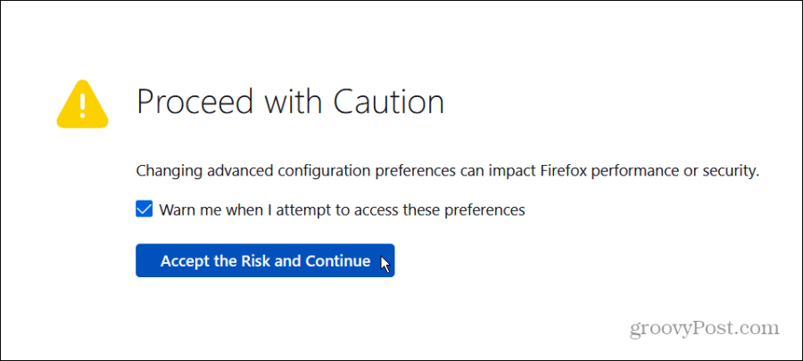 принять о риске конфигурации Firefox