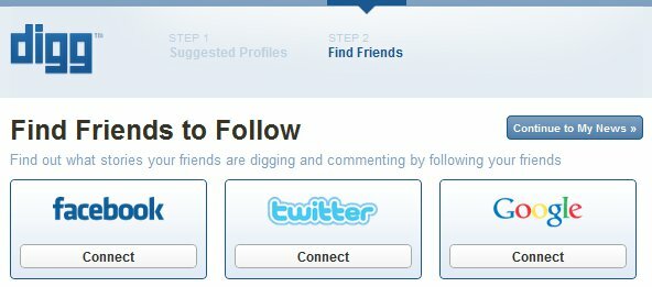 Новый вход на Digg - Шаг 2 - Найдите друзей на Facebook, Twitter, Google