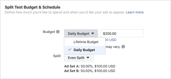 Выберите дневной бюджет для рекламного бюджета.