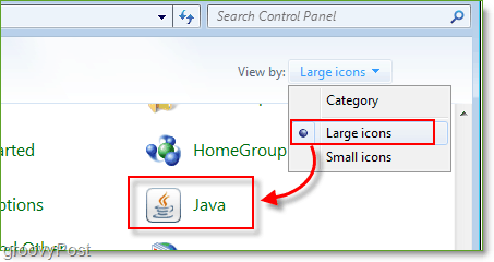 Снимок экрана: Панель управления Windows 7 Запуск Java