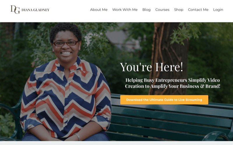 снимок экрана с сайта Дайаны Гладни, подчеркивающий ее желание помочь занятым предпринимателям упростить создание видео