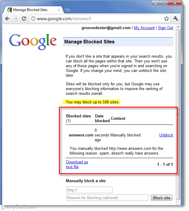 список ваших заблокированных Google сайтов