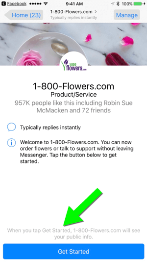 Отправка сообщения на 1-800-Flowers.com через их страницу в Facebook позволяет пользователям легко стать клиентами.