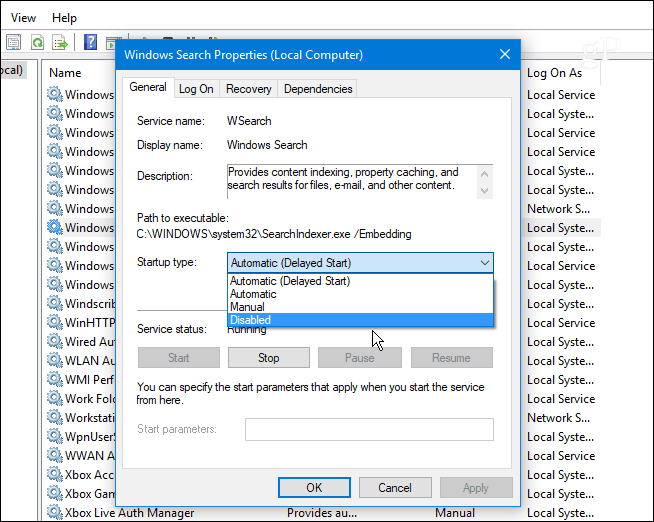 2 Отключите службу поиска Windows Windows 10