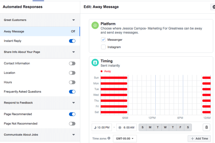 снимок экрана настроек времени для автоматического ответа на сообщение Facebook Messenger