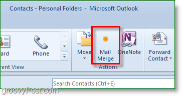 Снимок экрана Outlook 2010 — нажмите «Слияние почты»