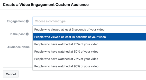 Как продвигать прямую трансляцию на Facebook, шаг 9, создайте кампанию по вовлечению людей, которые просмотрели не менее 10 секунд вашего видео