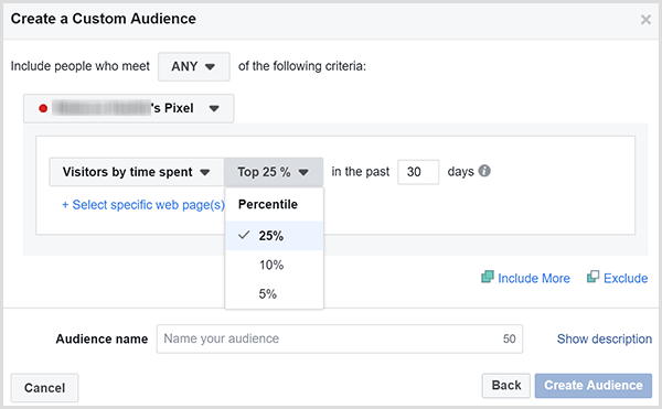 Диалоговое окно Facebook Create a Custom Audience имеет параметры для таргетинга рекламы на клиентов, которые проводят большую часть времени на вашем веб-сайте.