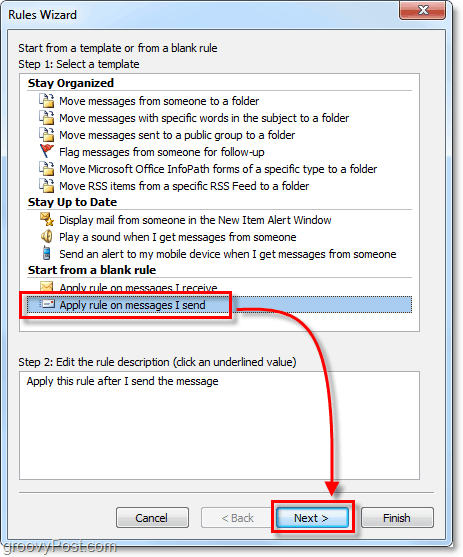 применить правило к сообщениям, которые я отправляю в Outlook 2010