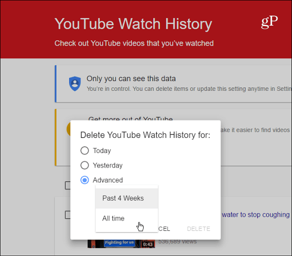 Удалить историю просмотра YouTube