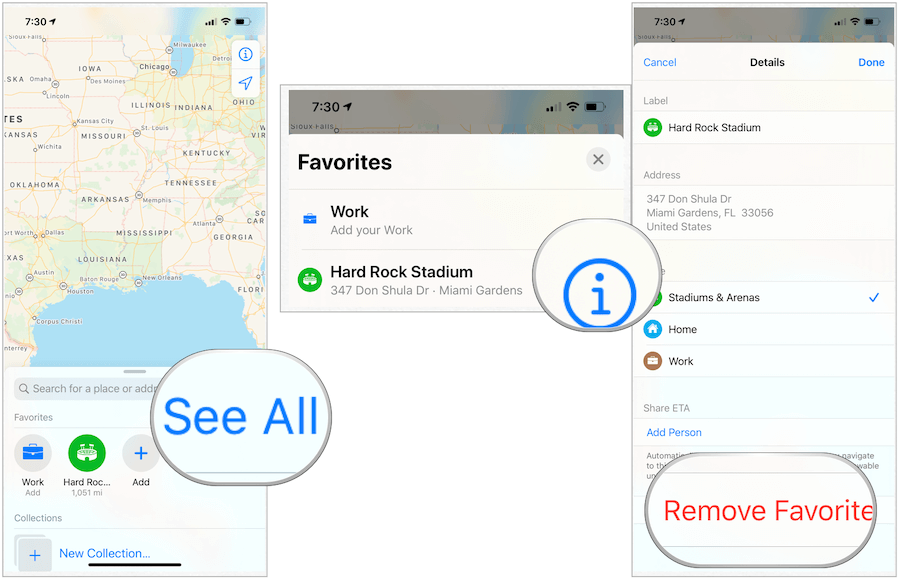 Apple Maps удалить избранное